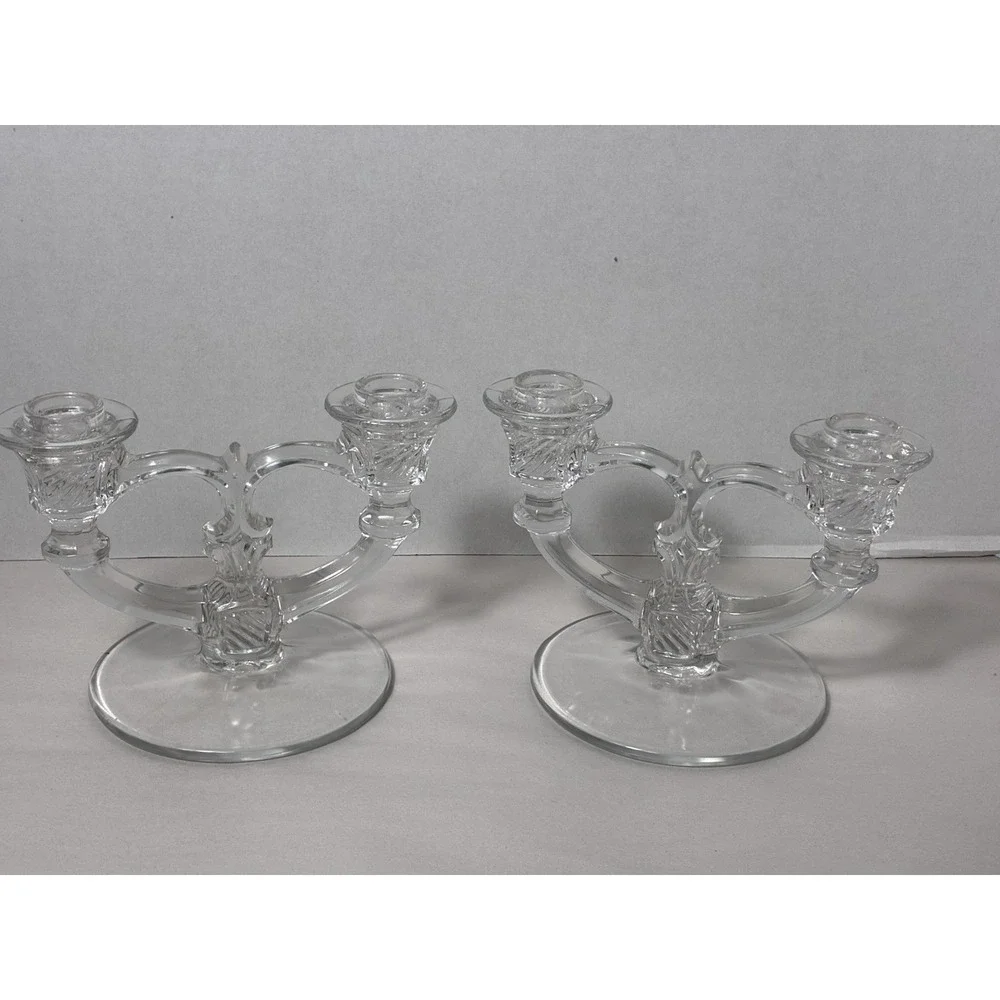 Vintage Indiana Glass Rosette Clear Double Light Candlestick Set of 2‎ Luxury